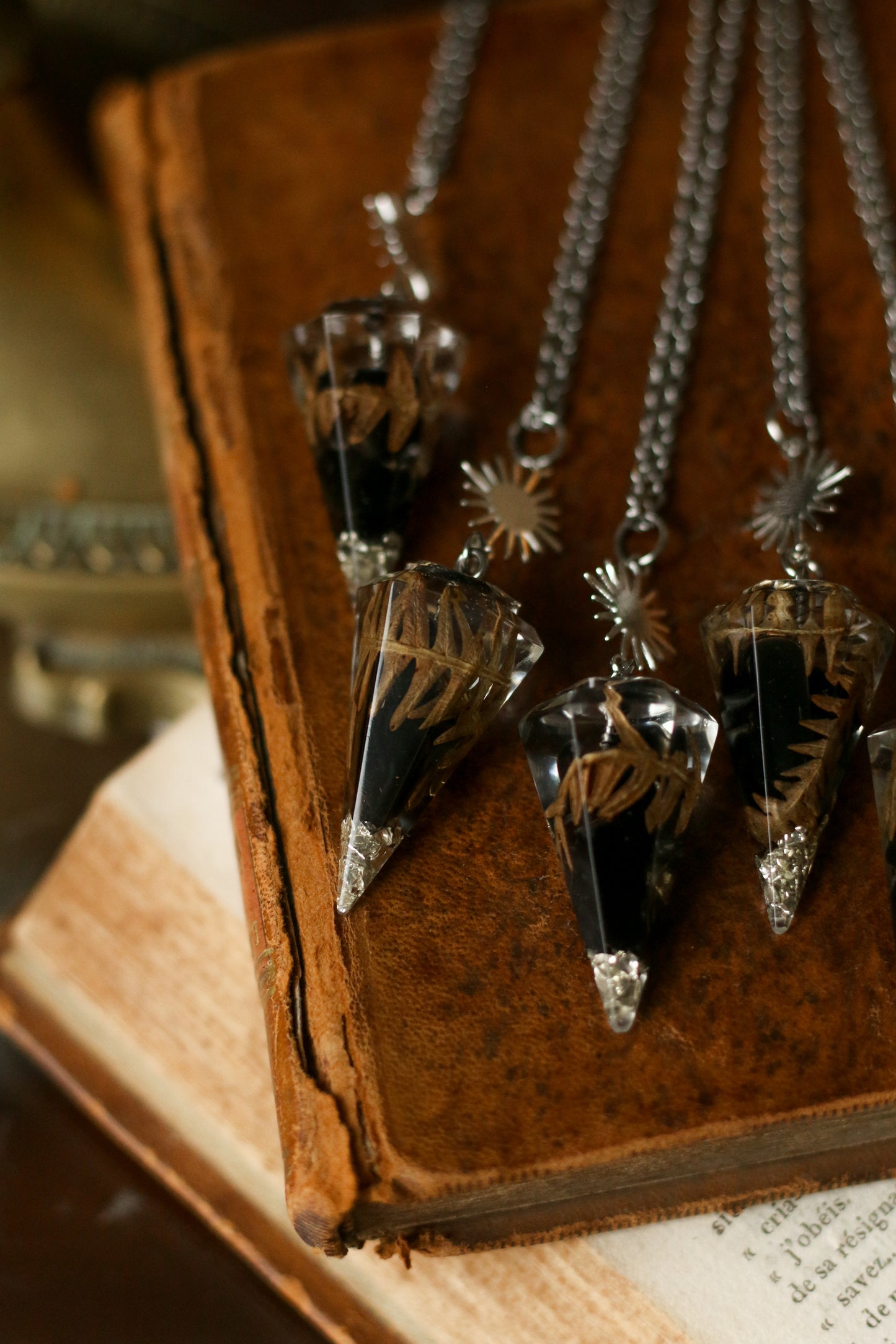 Obsidian and fern pendulum