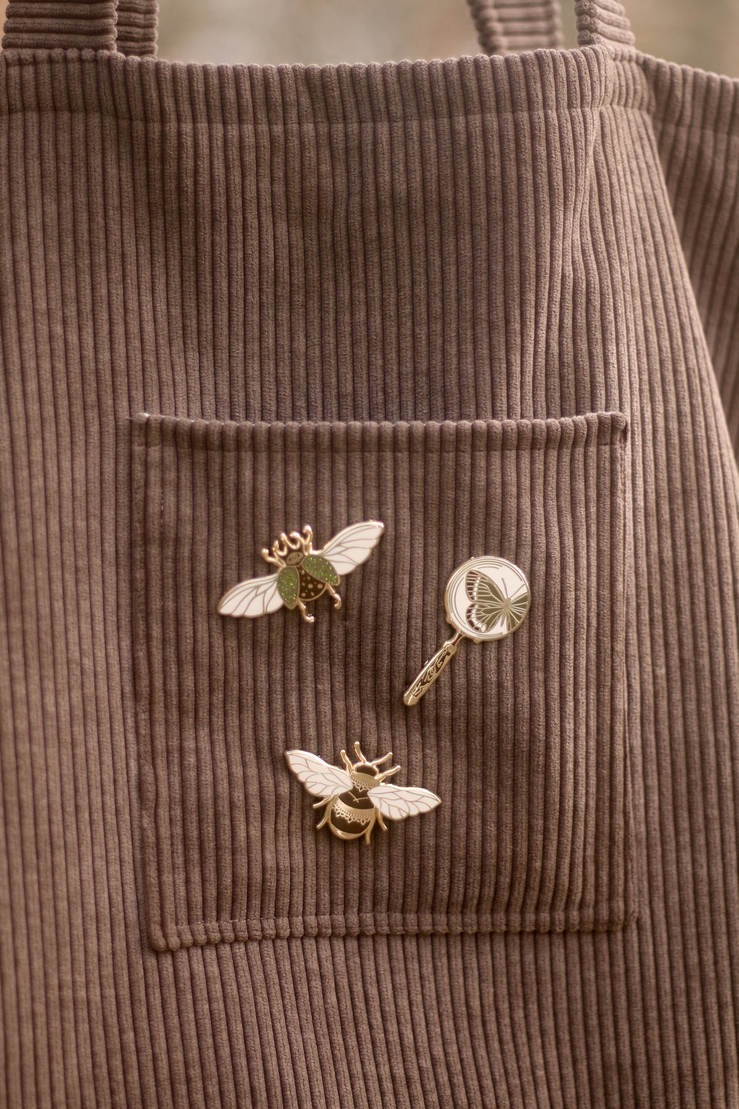 Lot de 3 pin's : abeille, scarabée, loupe